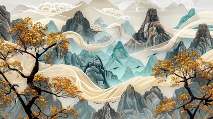 Sepia brown trees with golden flowers in front of aquamarine, onyx, and stone gray mountains, set against a lemon chiffon background with wispy white clouds and kingfishers.