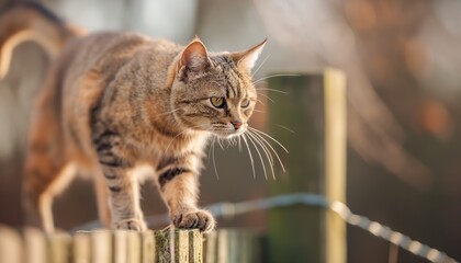 Captured in soft sunlight, a curious tabby cat traverses a wooden fence, emphasizing the cat's inquisitive nature and the calmness of the surrounding environment.