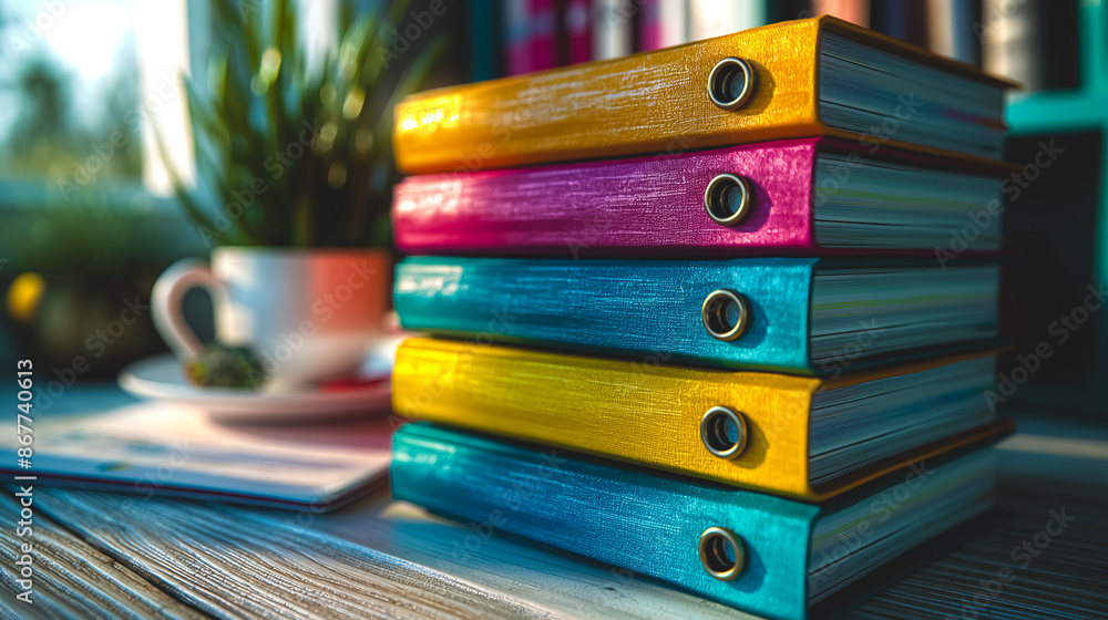 Poster a stack of colorful books sits on a table next to a cup. the books are arranged in a pyramid shape, 