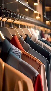 Rack with selection of stylish clothing hanging on a hanger in the trandy boutique for sale, consumerism background. Vertical.