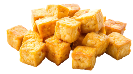  An ultra HD capture of crispy tofu bites arranged neatly on a transparent background