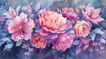 Exquisite watercolor painting of pink peonies and roses with blue and green leaves.
