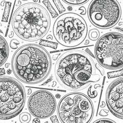 Chinese Cuisine Background. Vector Hand Drawn Asian Food Seamless Pattern. Vintage Style Menu Illustration.