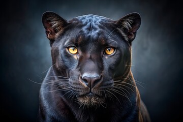Majestic wild panther with piercing eyes and sleek black fur poses regally against a dark mysterious background, conveying power, elegance, and fierce independence.