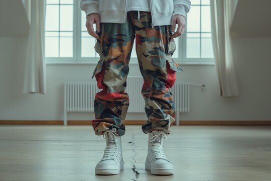 Person wearing modern camouflage cargo pants paired with stylish white high-top sneakers stands inside a well-lit room, combining fashion with military-inspired design.