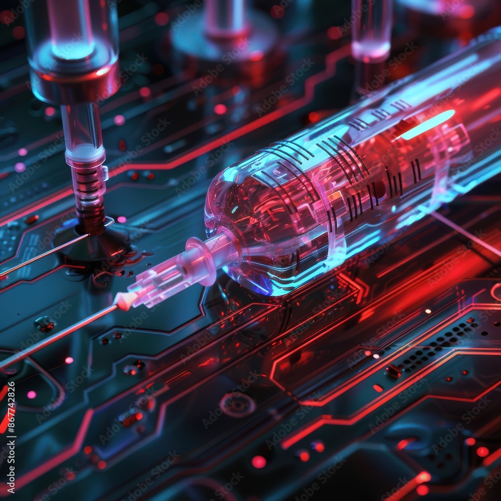 Poster a futuristic medical syringe placed on a high-tech circuit board, symbolizing the intersection of te