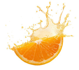 Delicious orange slice splashing fresh juice, cut out