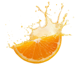 Delicious orange slice splashing fresh juice, cut out