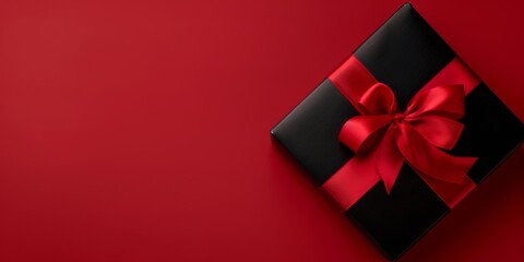 Black gift box with red ribbon on a red background. Elegant and festive design suitable for holiday gift presentations.