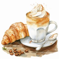 Delicious coffee with whipped cream and a croissant on a wooden table, perfect for a morning treat.