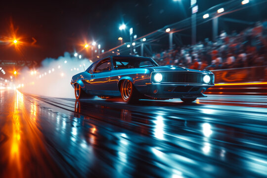 Muscle car engage in thrilling drag race at night with intense motion blur and vibrant lights enhancing excitement capturing essence of high octane racing under night sky