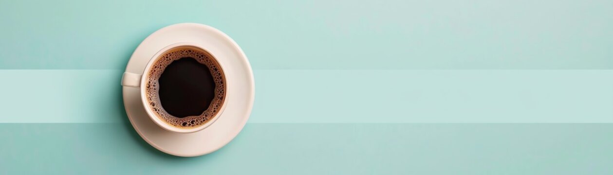 Top view of a cup of coffee on a light blue background. Minimalist, modern design great for advertising or blog posts.