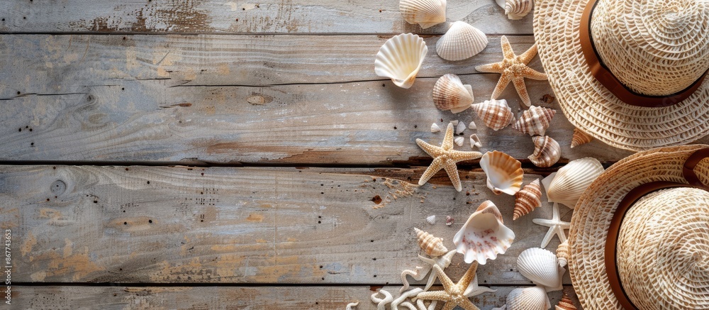 Wall mural Hat and shells on wood backdrop: Idea for summer holiday. Ample room for writing