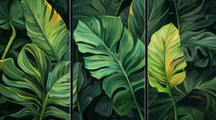 A detailed illustration of lush green leaves against a dark backdrop, highlighting the intricate veins and curves of each leaf in a sophisticated and realistic style.
