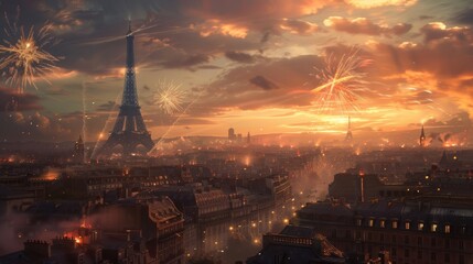 Fototapeta premium Fireworks over Paris at Sunset.