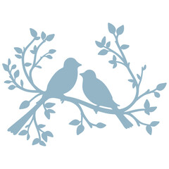 Two blue birds perched on a branch with leaves