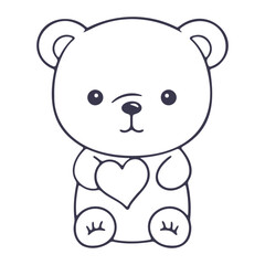 A cute white teddy bear with a heart shape on its chest, sitting on the ground