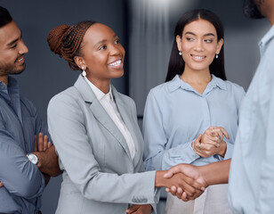 Deal, handshake and meeting with business people in office together for merger or partnership. B2B,...