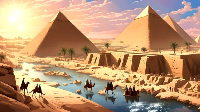 Animation of an ancient Egyptian Landscape, with Pyramids and rivers with sparkling water, birds flying around Seamless looping 4k time-lapse animation video background