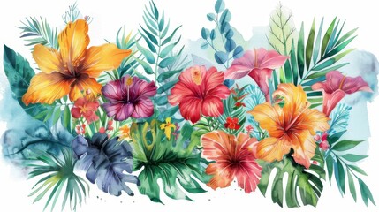 This is a watercolor painting of a tropical flower bouquet. The flowers are hibiscus, and the leaves are palm leaves. The colors are vibrant and bright.