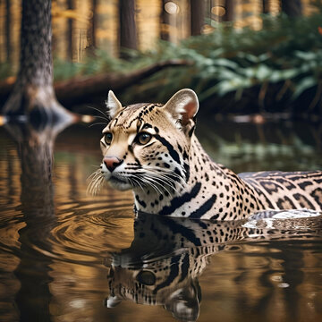 Ocelote metido en el agua de un r&iacute;o 