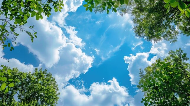 Luxuriant trees framed by white clouds on a serene blue sky