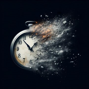 Fleeting time concept. Analog clock dissolving on black background