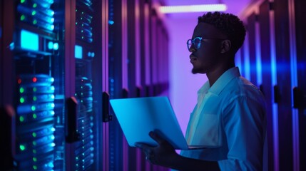 An IT professional holds a laptop while working inside a server room illuminated by blue lights, representing technology and modern infrastructure.