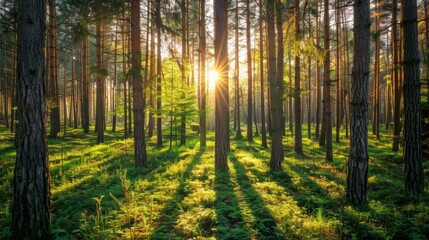 Obraz premium A serene sunlit forest with tall, green trees and lush undergrowth, bathed in the soothing light of a sunrise, creating a tranquil and picturesque natural scene.