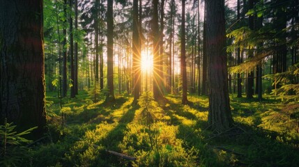 The early morning sun bursts through the dense trees of a verdant forest, casting long, beautiful rays over the lush, green forest floor, evoking a sense of wonder and serenity.