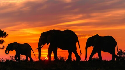 Fototapeta premium A vivid and captivating image of three elephants walking in unison with a backdrop of a vibrant sunset sky, showcasing the beauty and grace of wildlife in their natural habitat.