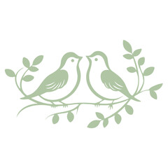 Two white doves perched on a branch with green leaves