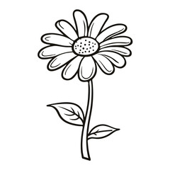 A simple black and white line drawing of a daisy flower with petals and a central disc