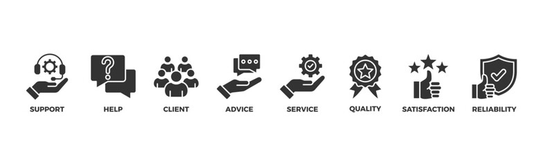Customer care banner web icon illustration concept for customer support and telemarketing service with an icon of help, client, advice, chat, service, reliability, quality, and satisfaction	