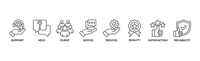 Customer care banner web icon illustration concept for customer support and telemarketing service with an icon of help, client, advice, chat, service, reliability, quality, and satisfaction	
