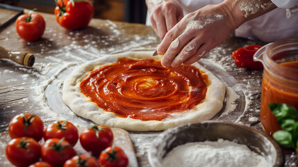 A close-up of a chef's hands spreading tomato sauce on a pizza dough, with fresh tomatoes and a floured surface on a wooden table