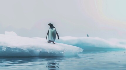 Fototapeta premium A penguin standing alone on an ice floe floating in a vast, cold ocean, surrounded by icebergs, conveying the serene beauty and isolation of polar regions in a tranquil scene.