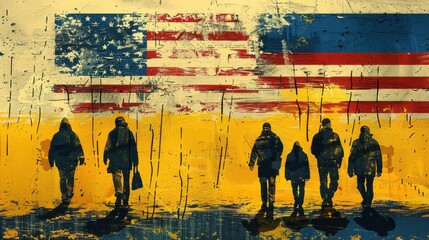 Fototapeta premium People Walking Under American and Ukrainian Flag