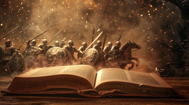 an ancient book of fairy tales, above it holograms of fighting knights