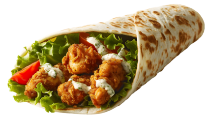  An ultra HD shot of a chicken shawarma wrap, filled with tender chicken,on a transparent background