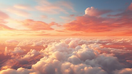 Fototapeta premium An awe-inspiring sunrise panorama filled with fluffy clouds, capturing the beautiful transition from night to day with a stunning array of warm colors in the sky.