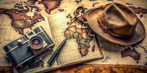 Vintage-inspired travel preparation scene featuring a worn leather-bound notebook, checklist, classic hat, and retro camera laid on a distressed world map, evoking nostalgic wanderlust.