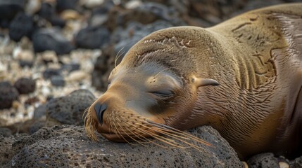 Fototapeta premium A close-up image of a seal sleeping peacefully on a rocky coastal surface, showcasing its smooth fur and serene expression amidst the natural landscape.