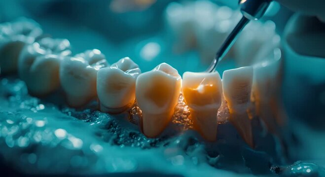 Photorealistic image of a real mouth undergoing root canal treatment, on a blue background, hyper realistic, hyper detailed, beautiful lighting.