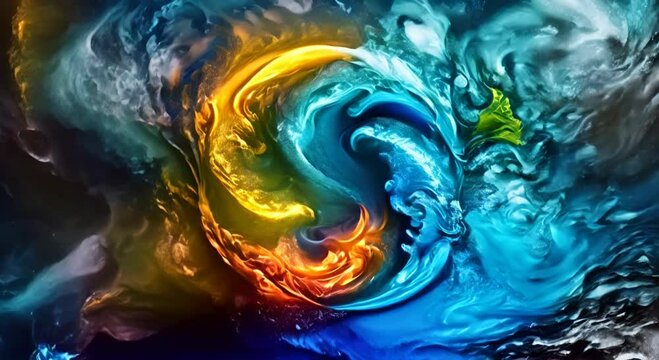 The four elements of nature--earth, wind, fire, and water--in a breathtaking circular design on a dramatic dark background. 