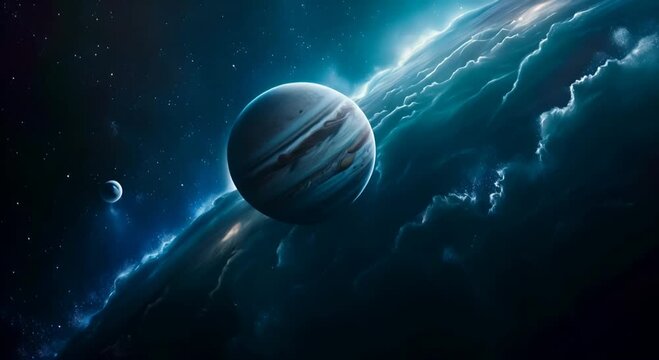A surreal scene of Jupiter, giant, with Earth looking up in awe. The universe is depicted in high quality, real,