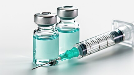 Close-up of two vaccine vials and a syringe. Medical equipment and healthcare concept for vaccination and immunization.
