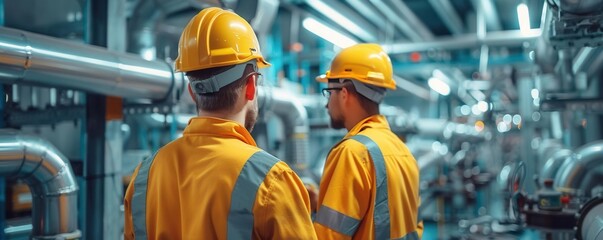 Construction workers installing plumbing systems in a new building selective focus, focus on teamwork, realistic, composite, pipes backdrop