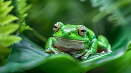 Naklejka premium A close-up shot of a green frog with bulbous eyes sitting on a large leaf surrounded by lush greenery, capturing the vibrant colors and textures of the jungle environment.