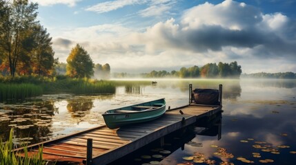 Naklejka premium A picturesque view of a tranquil lake featuring a boat moored to a wooden dock, surrounded by lush trees under a partly cloudy sky, capturing the beauty of nature.